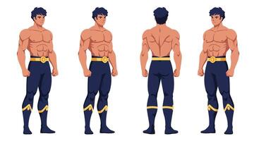 Male character showing front, side, and back views in flat art style vector