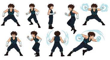 Character action sequence in dynamic poses with detailed illustration style showcasing movement and energy art vector