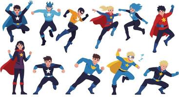 Dynamic superhero characters in action with vibrant colors in flat art vector