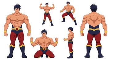 Strong muscular character in dynamic poses showcasing flat art style illustration vector
