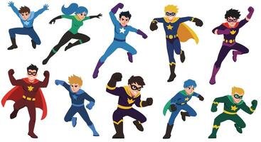 Superheroes in action poses featuring vibrant colors and dynamic shapes in flat art vector