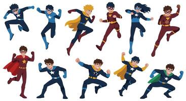 Dynamic superhero characters in action, flat design style, colorful poses, illustration vector