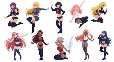 Dynamic female character poses in flat design style illustration vector