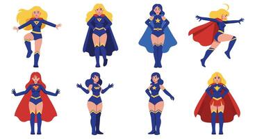 Superhero character poses in vibrant colors, flat design style, dynamic art vector