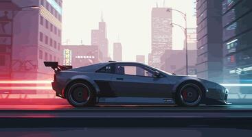 Fast sports car in a cityscape, minimal design, dynamic motion, illustration vector