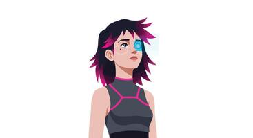 Female character with cybernetic eye in flat, colorful design art vector