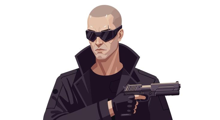 Tough character in sleek black attire holding a gun in flat art