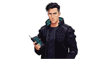 Character holding a device in a sleek black jacket, minimal illustration vector