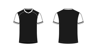 Black sports t shirt design in flat style showcasing front and back views art vector
