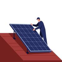 Man installing solar panels on a rooftop in flat art style vector