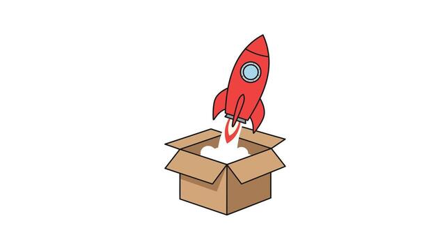 Red rocket launching from an open cardboard box in flat art vector