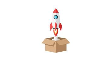Rocket launching from a cardboard box in flat minimal art vector