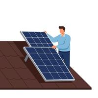 Man installing solar panels on a roof in a minimal modern design illustration vector