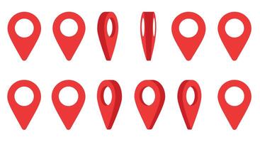 Red location markers in various shapes and styles designed in flat art vector