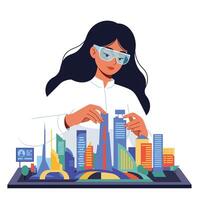 Engineer working on urban model in flat design showcasing cityscapes in art vector