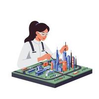 Engineer working on city model in flat and colorful art vector