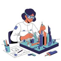 Engineer creating a cityscape model with flat design elements in art vector