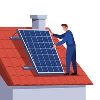 Man installing solar panels on a roof in flat art vector