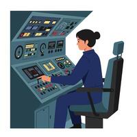 Operator interacting with control panel in flat art style vector