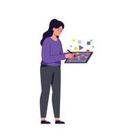 Woman using digital tablet to create art in flat illustration vector