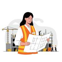 Construction worker reviewing blueprints in flat illustration style with detailed background elements art vector