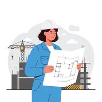 Construction worker examining blueprint in minimal flat design illustration vector