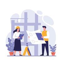 Construction workers reviewing blueprint with tools in flat illustration vector