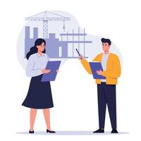 Two professionals discussing project details in flat illustration style with construction elements and tools art vector