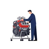 Mechanic working on car engine in flat style art vector
