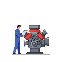 Mechanic inspecting engine components in flat design art vector