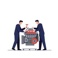 Two mechanics working together on a car engine in flat art style vector
