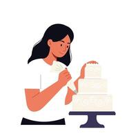 Cake decorator skillfully adds intricate designs in flat art style for a stunning cake presentation illustration vector
