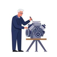 Mechanic repairing an engine with tools in flat art style vector