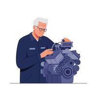 Detailed illustration of mechanic working on engine in flat art style vector