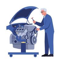 Mechanic working on an engine in flat art style for automotive illustration vector