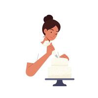 Cake decorating process with a focused baker using flat art vector