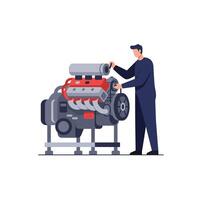 Mechanic working on engine in flat design style illustration vector