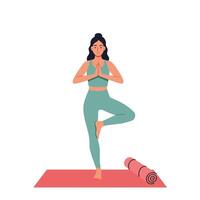 Woman practicing yoga in tree pose with flat design style art vector
