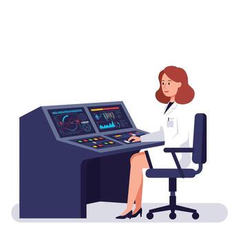 Female scientist analyzing data at control panel in flat art vector