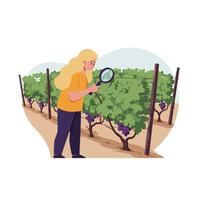 Woman inspecting grapevines in vineyard with flat design style art vector