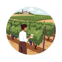 Woman examining grapevines in vineyard scene with flat design style art vector