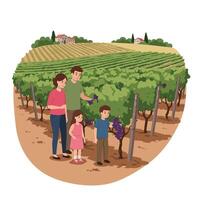 Family enjoying grape harvesting in vineyard with flat design art vector