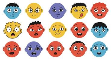 Diverse facial expressions in colorful designs featuring minimal flat art vector