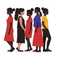 Women in stylish outfits transitioning from one frame to another in flat art vector