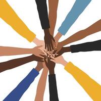 Hands joining together in unity, flat design, showcasing diversity in art vector