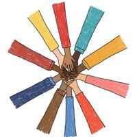 Diverse hands coming together in unity flat illustration vector
