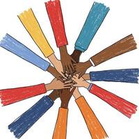 Hands coming together in unity with colorful sleeves in flat art vector