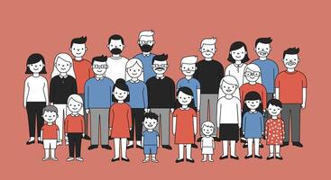 Group of diverse characters in flat design showcasing family dynamics in art vector