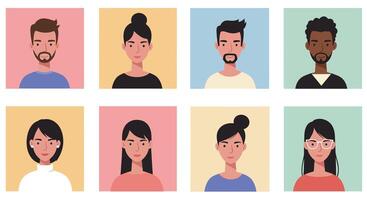 Diverse group of people with various expressions in flat illustration vector