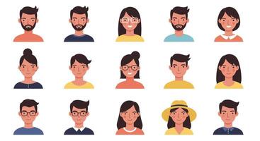 Diverse group of people in flat design showcasing various expressions illustration vector